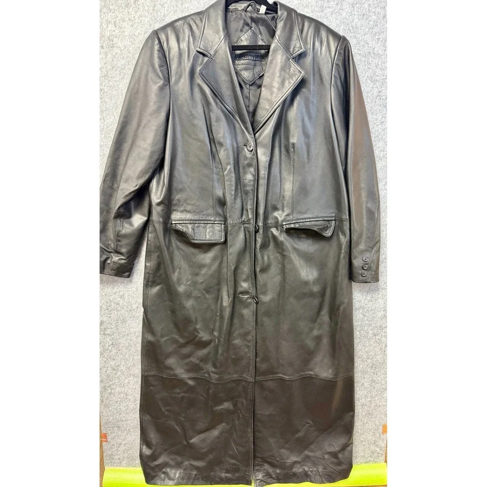 Preston & York Black Leather Long Coat Duster Vintage Men's Size XL - Picture 1 of 10